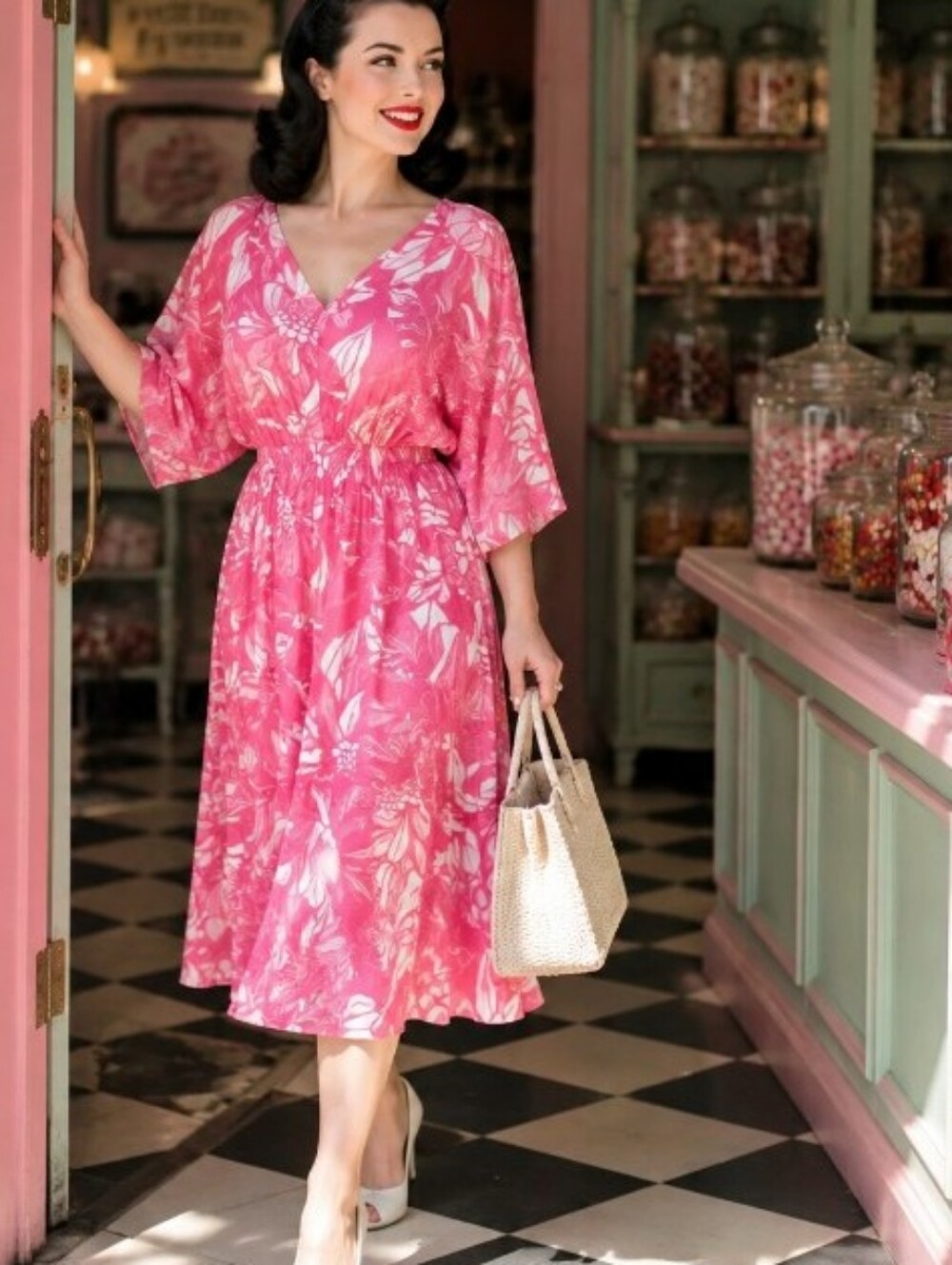 Mlle Gabrielle Pink Floral V-Neck Elastic Waist Midi Dress